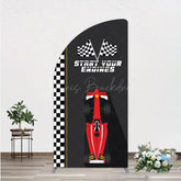 Lofaris Start Your Engines Race Car Half Moon Arch Backdrop for Baby Shower Red and Checkered Flag Boy Party Photo Booth